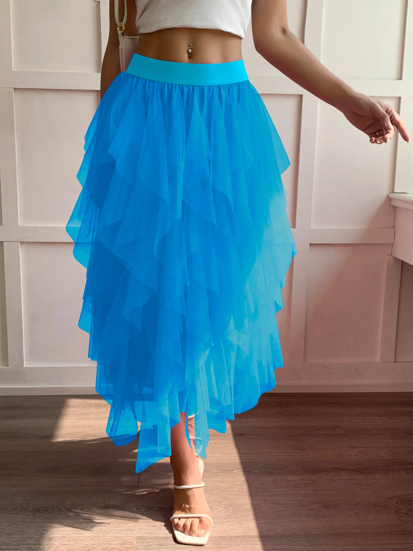 Medium waist chiffon long skirt for women, irregular layered pleated edge layered cake skirt, elegant fairy A-line skirt