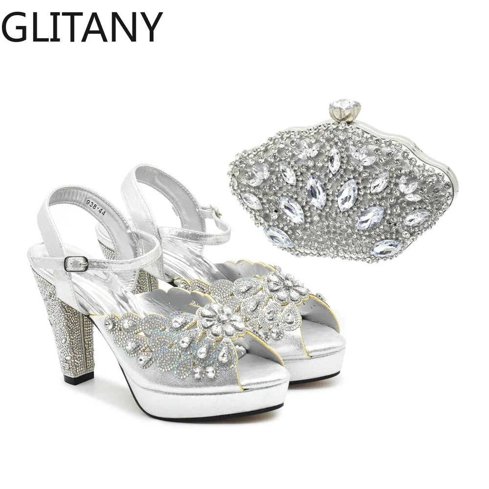 New Arrival Luxury Italian Shoes and Bag Set for Women Ladies Shoe and Bag Set Latest Designers Diamond Pumps Shoes and Bags