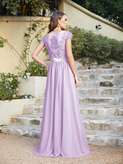 A-line V Neck Sleeveless Floral Lace Chiffon Back Hollow Long Paty Bridesmaid Dress Women 2024 For Wedding Sexy Evening Dress