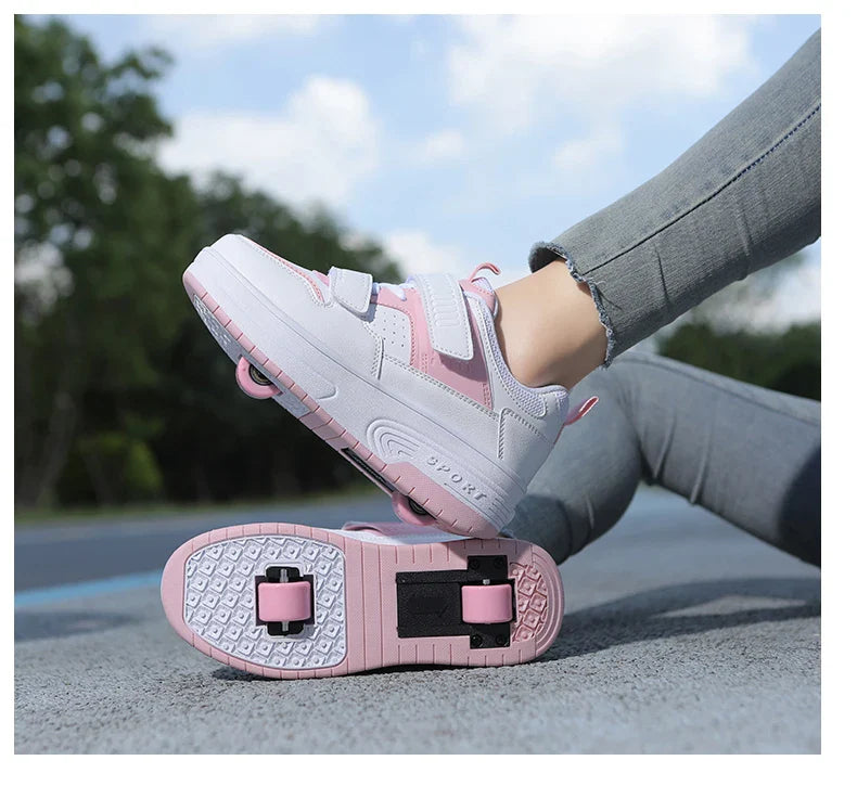 Autumn 2025 Kids Walking Shoes Detachable Double Wheel Roller Skates Boy Leather Student Shoe Four Wheeled Children Shoes Girl
