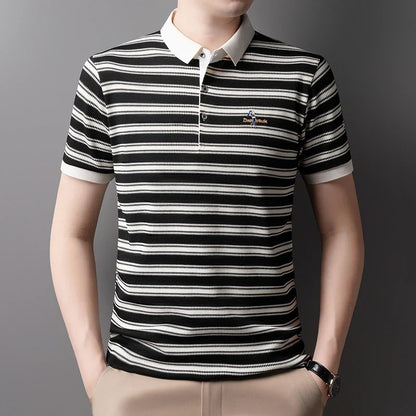 Classic striped men polo shirt summer cool breathable short sleeve fashion brand letter embroidery luxuriou casual lapel T-shirt