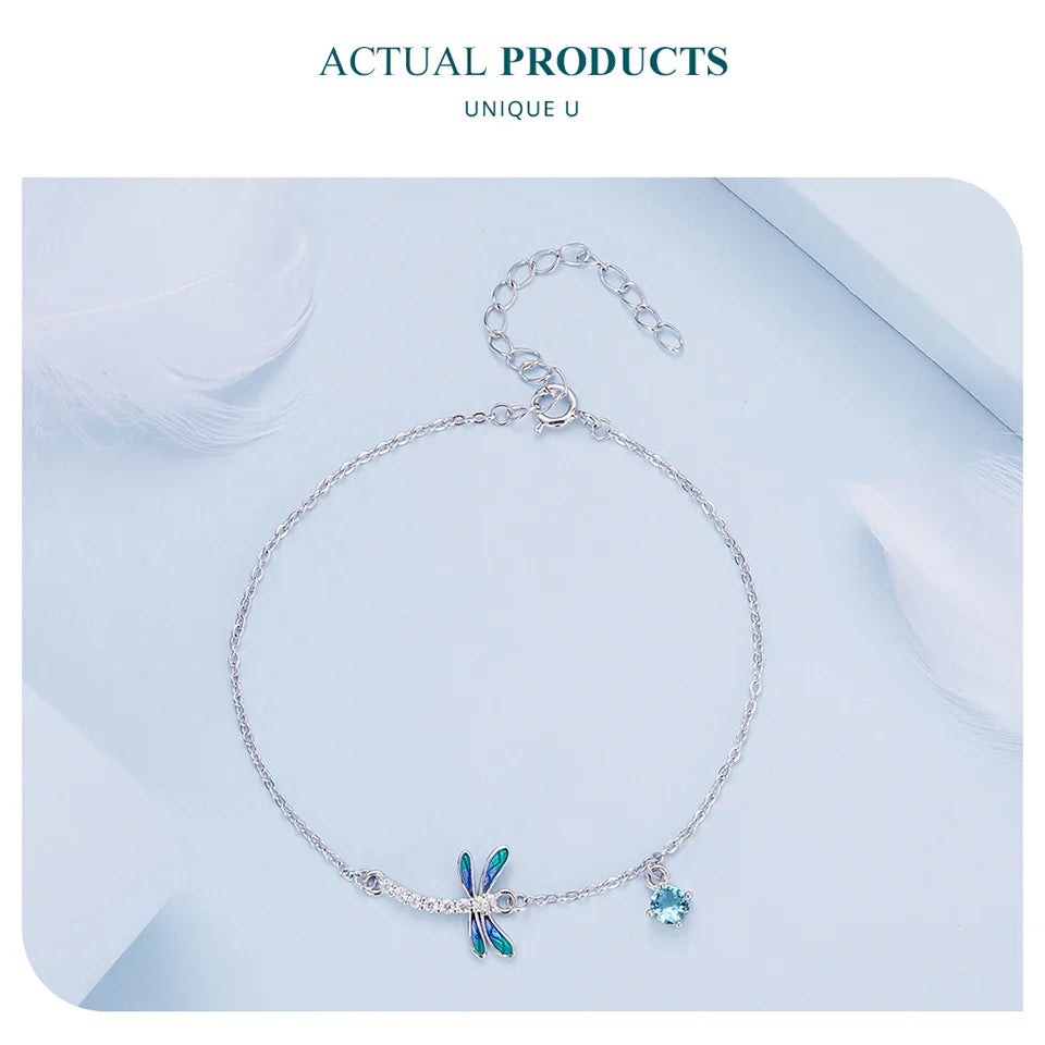 925 Sterling Silver Green and Blue Enamel Dragonfly Bracelet Insect Chain Link for Women Pave Setting CZ Fine Jewelry