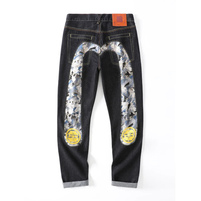 Men's Japanese Handmade Embroidered Cotton Jeans Straight Tube Slim Fit Hip-Hop Trousers Red Ear Detail Devil Big M Golden Text
