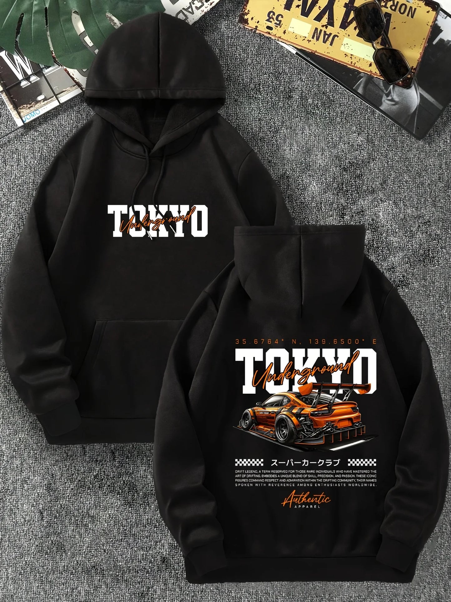 Men'S Tokyo Racing Graphic Hoodie Stylish Black Pullover with Orange Sports Car Design Loose Fit Long Sleeve Casual Streetwear