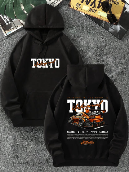 Men'S Tokyo Racing Graphic Hoodie Stylish Black Pullover with Orange Sports Car Design Loose Fit Long Sleeve Casual Streetwear