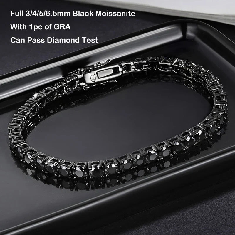 Full 3/4/5/6.5mm Black Moissanite Tennis Bracelet for Men Women Unisex 925 Silver Plated 18K Black Gold Hip Hop Bracelets