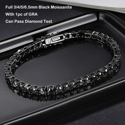 Full 3/4/5/6.5mm Black Moissanite Tennis Bracelet for Men Women Unisex 925 Silver Plated 18K Black Gold Hip Hop Bracelets