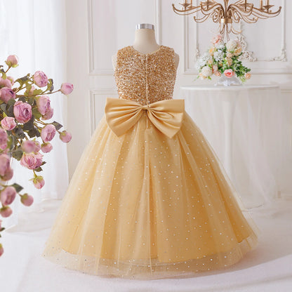 Vestidos de Festa de Daminha de Verão com Lantejoulas para Meninas Elegante Laço Vestido de Aniversário de Casamento para Meninas Baile de Formatura Gala Concurso Noite Roupa Infantil