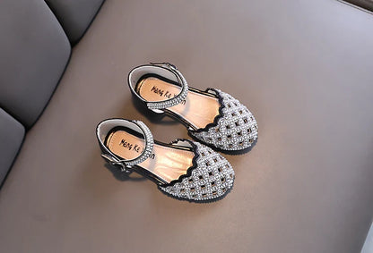Summer Girl's Sandals Sliver Pink Diamante Luxury Hollow-out Kids Sliders Hook-loop Round Toe Glitter Stylish Children Shoe26-36