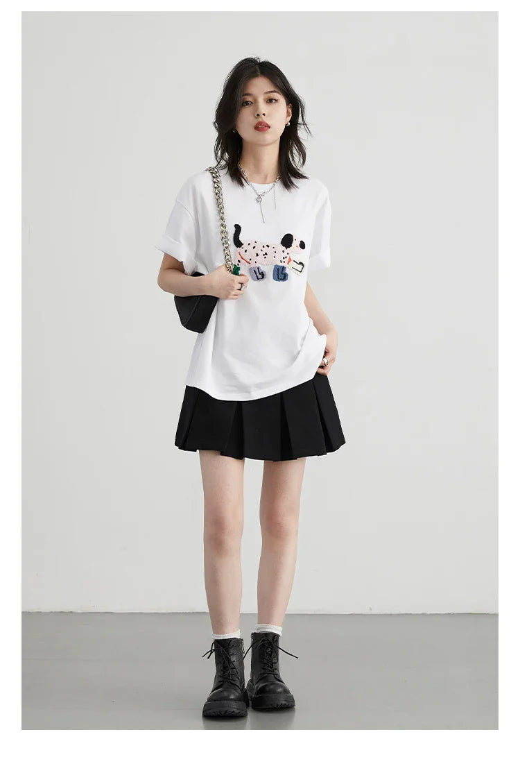 CHIC VEN Camisetas Femininas Soltas Streetwear Unissex Divertido Cão Bordado Manga Curta Algodão Blusas Menina Femininas Verão 2025
