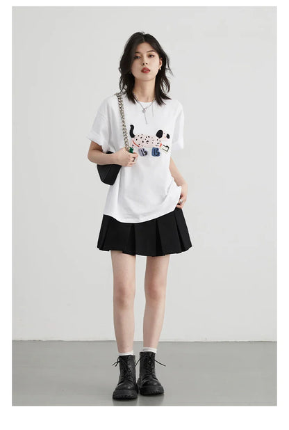 CHIC VEN Camisetas Femininas Soltas Streetwear Unissex Divertido Cão Bordado Manga Curta Algodão Blusas Menina Femininas Verão 2025
