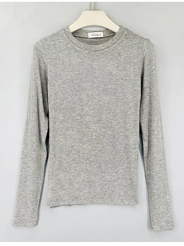 T Shirt Korean Style Slim T-shirts 2026 Sexy Tshirts Cotton Long Sleeve Summer Tops Tee Shirt Femme Khaki Blue White Black