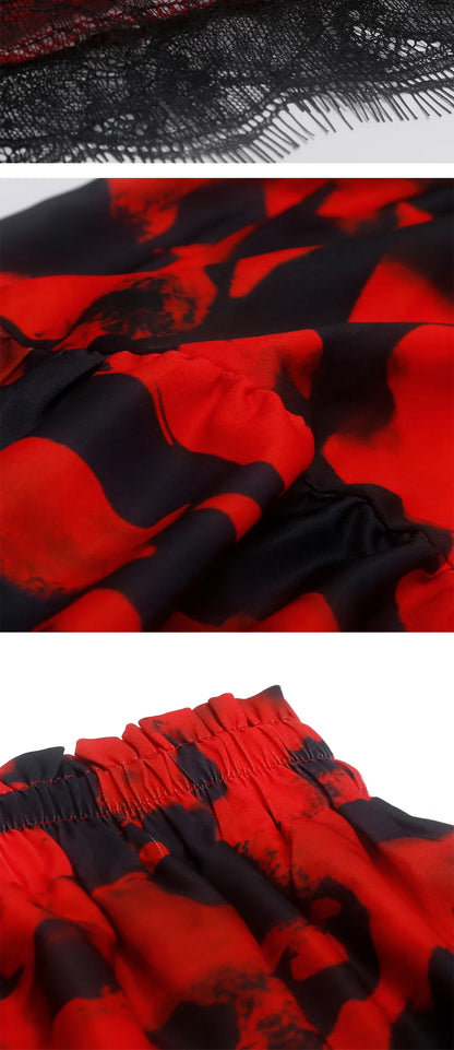 Women's Half length Skirt Summer Retro Red Printed Irregular Long Skirt Fashion Commuter Cake Skirt