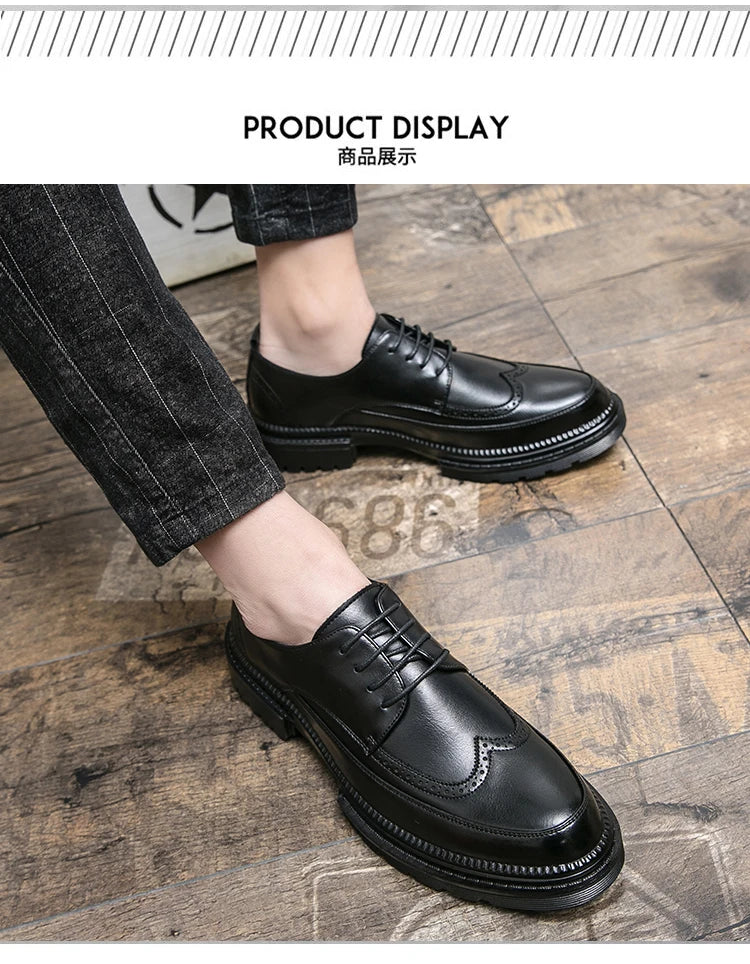 New Brock engraved casual leather shoes for men genuine leather business formal wear British thick-soled height-increasing style