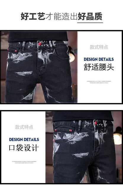 Spring and Autumn New Fashion Trend Retro Printed Straight Leg Elastic Jeans For Men's Casual Sports Comfort High-Quality Jeans