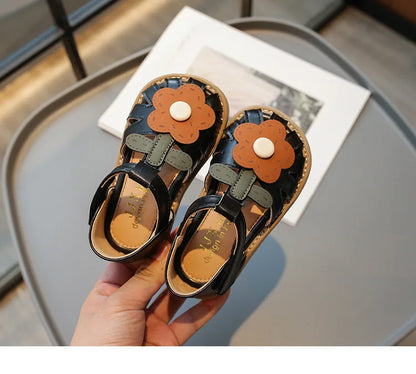 Children's Shoes Girls Sandals Beauty Large Flower Summer New Closed Toe Fashion Soft Bottom Kids Baby Girl Beach Shoes I04254