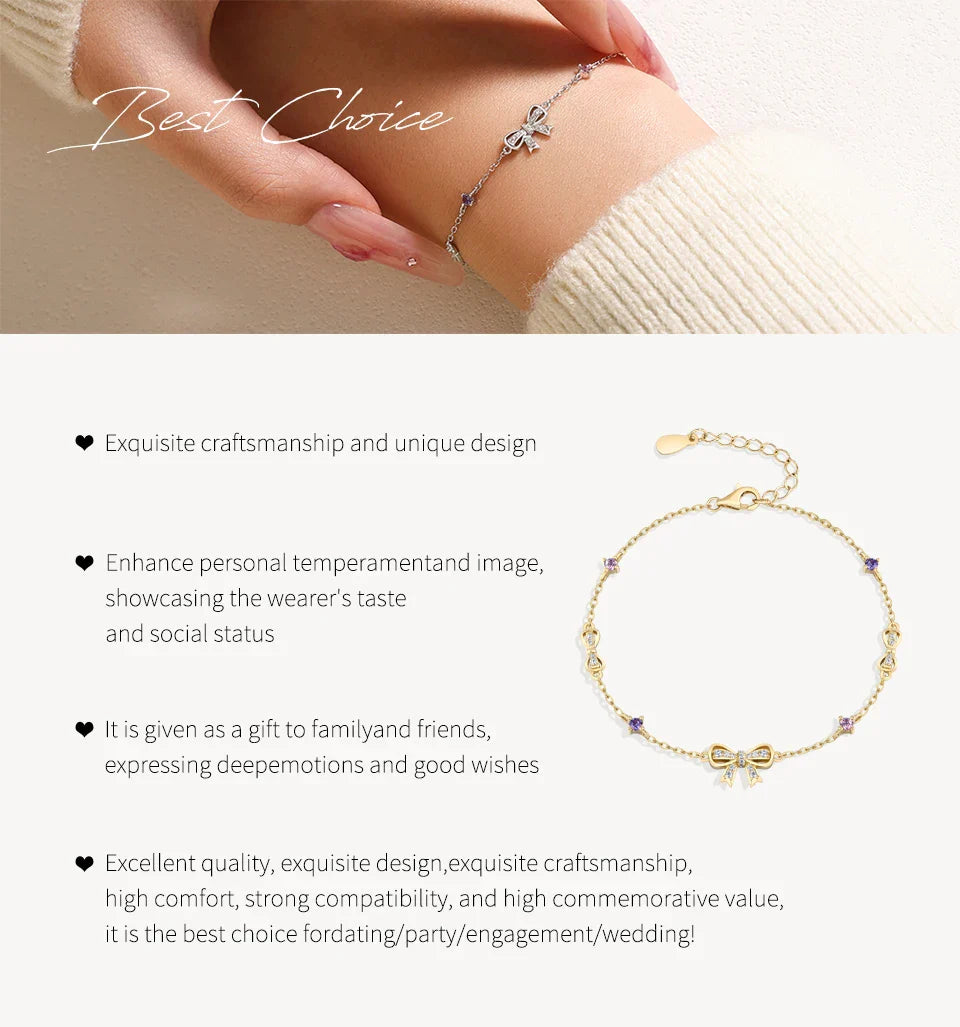 925 Sterling Silver Bow Moissanite Bracelet Sweet Original Design Colorful Pink Zircon Bracelets for Women Party Gifts