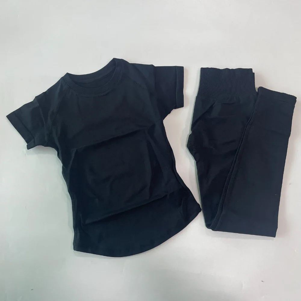 2 Piece Leggings Set Women Longline Short Sleeve Gym Crop Top High Waist Yoga Leggings Workout Sports Suit Fitness Clothes