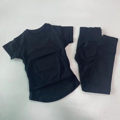 2 Piece Leggings Set Women Longline Short Sleeve Gym Crop Top High Waist Yoga Leggings Workout Sports Suit Fitness Clothes