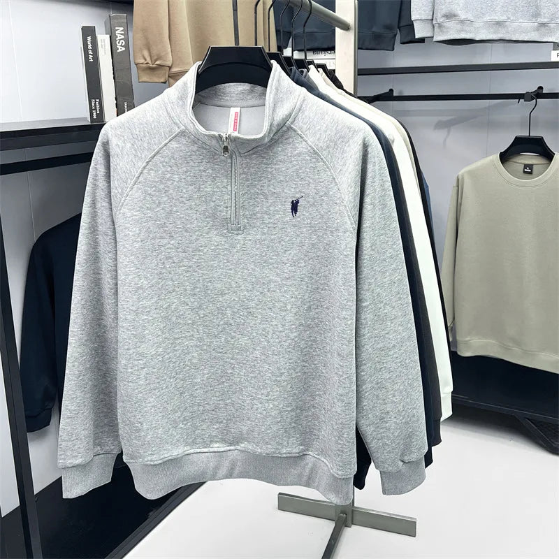 Half zip hoodie men's long sleeved t-shirt autumn plus size middle-aged and young embroidered pony logo collar polo shirt top