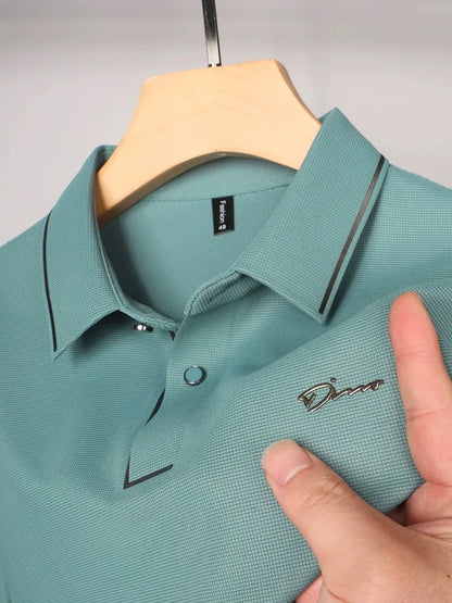 Luxury summer new ice silk breathable polo shirt men's short sleeve high-end exquisite letter embroidery casual lapel T-shirt