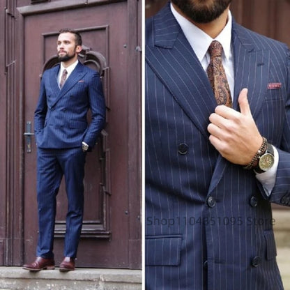 Navy Blue Striped 2 Piece Men Suits Peak Lapel Double Breasted Blazer Trouser Wedding Groom Tuxedos Business Suits(Jacket+Pants)