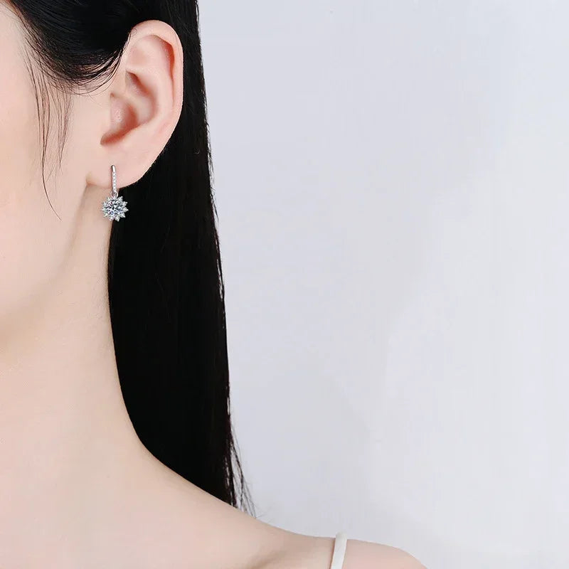 1ct Moissanite Earring 925 Sterling Silver with White Gold Plated Hoops Drop Flower Earring for Women Wedding Jewelry