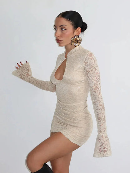 Lace Women's Mini Dresses Solid Sheer Hollow Out Turtleneck Long Flare Sleeves Sheath Bodycon Streetwear Vestidos