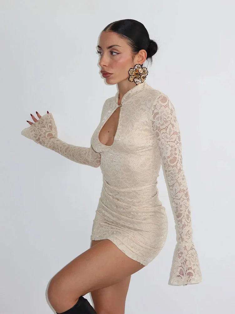 Sexy Lace Women's Mini Dresses Solid Sheer Hollow Out Turtleneck Long Flare Sleeves Sheath Bodycon Streetwear Vestidos
