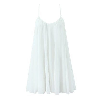 Women White  Big Backless Sling Dress O neck Back Zipper Loose Swing Mini Short Dresses Holiday Robe