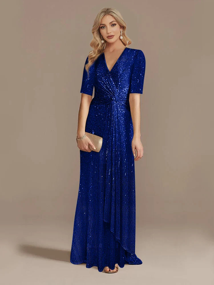Luxury Floor Length V-Neck Evening Dress 2025 Women Elegant Party Maxi Dress Sequin Short Sleeves Prom Cocktail Gowns