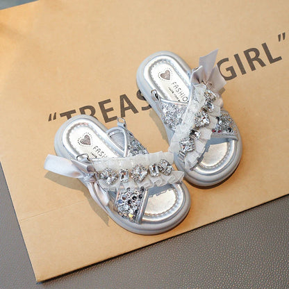 Kids Casual Shoes Fashion Sandals PU Leather Crystal Sequin Summer Shoes For Girls Breathable Silver Shoes Size 26-37