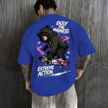 American men's summer trend skateboard teddy bear letter print soft and breathable round neck T-shirt outdoor casual top