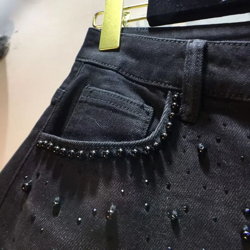 Summer New Heavy Embroidery Rhinestone Denim Patchwork Hook Flower Hollow Lace Straight Leg Wide Leg Pants Casual High Waist ...