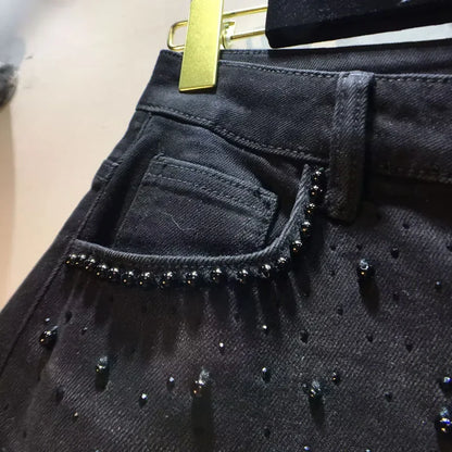 Summer New Heavy Embroidery Rhinestone Denim Patchwork Hook Flower Hollow Lace Straight Leg Wide Leg Pants Casual High Waist ...