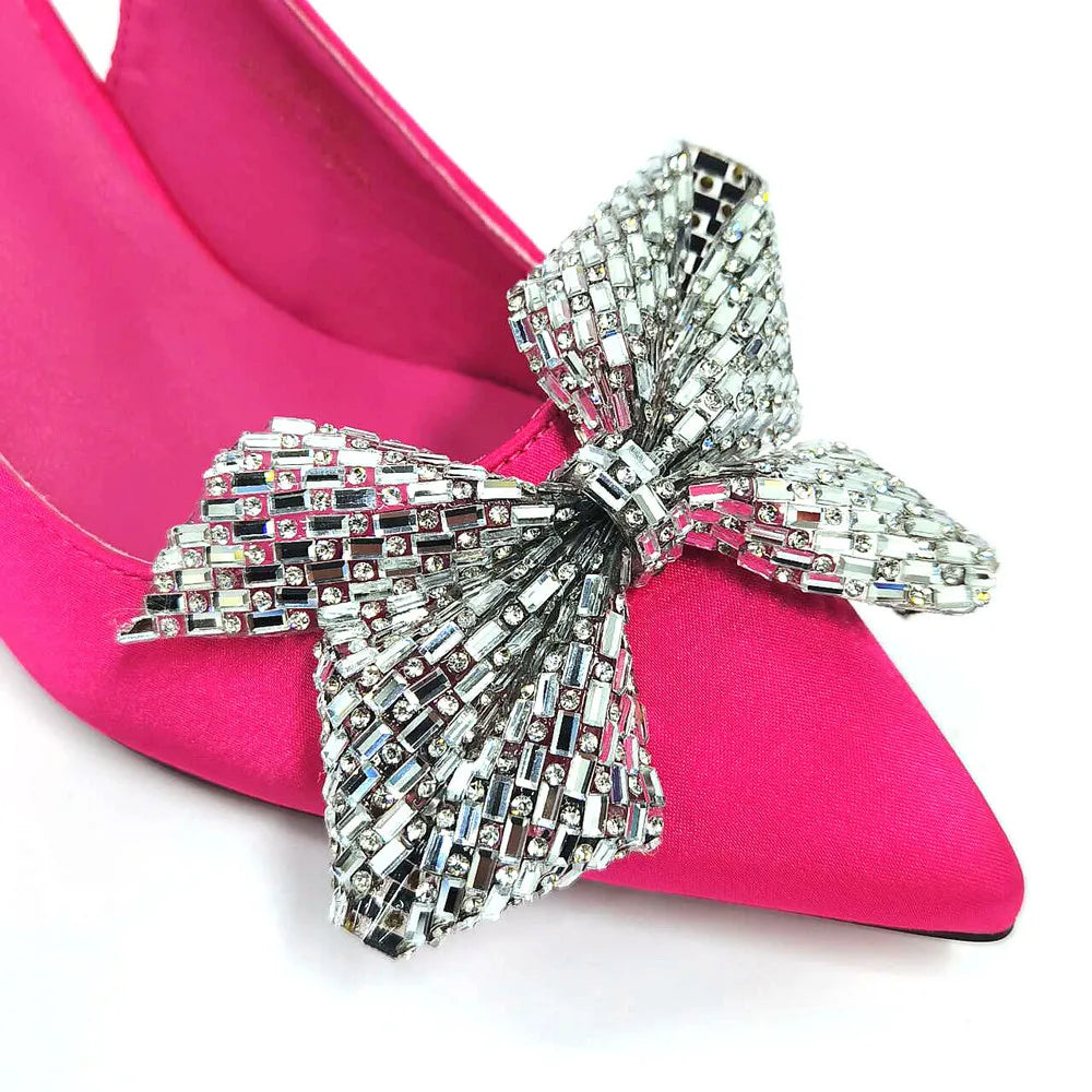 Italian Design Elegant Fuchsia Bow Rhinestone Pumps with Pointed Toe for Women 2024 Party Shoes and Bags Matching Set