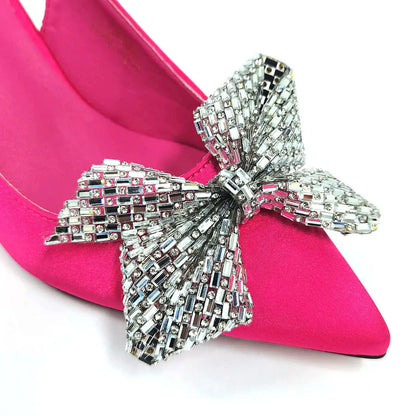 Italian Design Elegant Fuchsia Bow Rhinestone Pumps with Pointed Toe for Women 2024 Party Shoes and Bags Matching Set