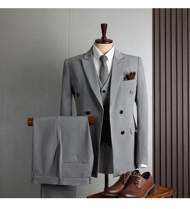 Man Suit Outfit Double-breasted Blazer Men V-neck Vest Straight-leg Pant Male Slim Business Wedding Three-piece Set