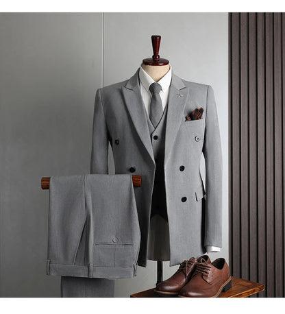 Man Suit Outfit Double-breasted Blazer Men V-neck Vest Straight-leg Pant Male Slim Business Wedding Three-piece Set