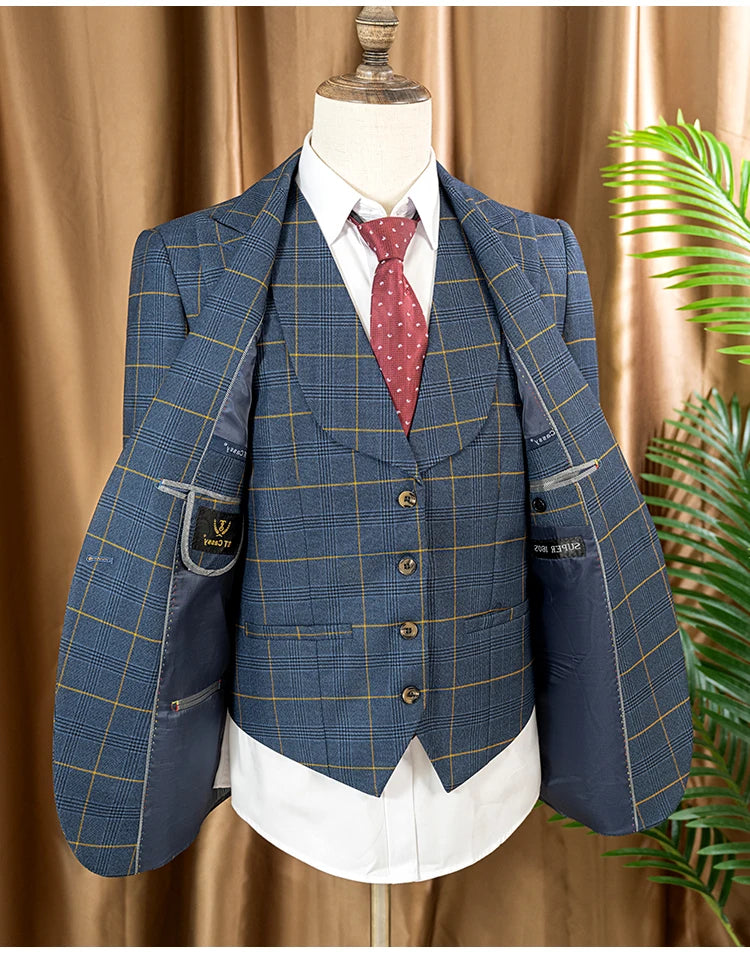 Dark blue 3 Piece Checkered Suit Set  Stylish Business Office Wedding Formal Outfit Elegant full man suit