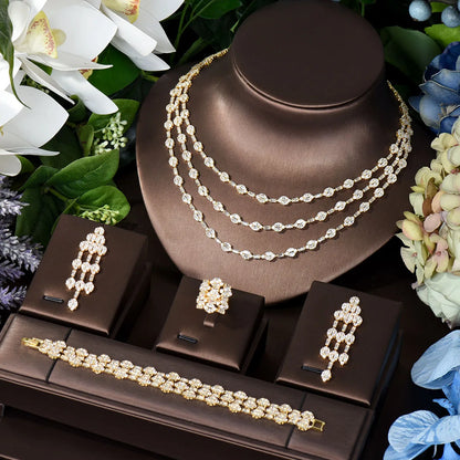 Elegant Five Layers Long Tassel Cubic Zirconia Ladies Costume Jewelry Sets Dangle Drop Earrings Pendant Necklace N-283