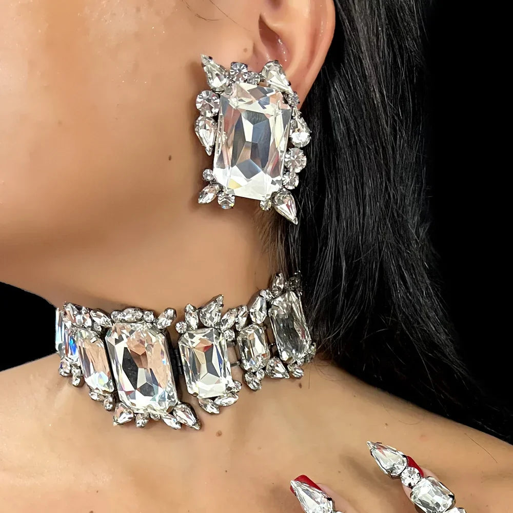Bride Crystal Necklace Earrings Set Bridesmaid Wedding Jewellry Two Pieces Choker Necklace Prom Costume Jewelry Sets