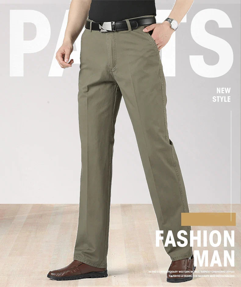 Cotton Pants Men's Straight Leisure Business Trousers Solid Autumn Winter Chinos Belted Pants Dad Elderly Formal Trousers