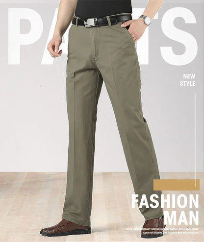 Cotton Pants Men's Straight Leisure Business Trousers Solid Autumn Winter Chinos Belted Pants Dad Elderly Formal Trousers