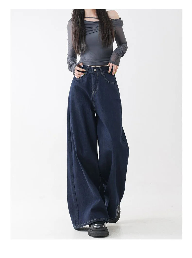High Waist Straight Leg Loose Fit Denim Jeans Women's Floor Length Lazy Wide Leg Meat Concealing Deep Blue American Style Long P
