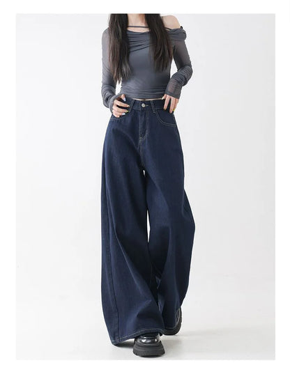 High Waist Straight Leg Loose Fit Denim Jeans Women's Floor Length Lazy Wide Leg Meat Concealing Deep Blue American Style Long P