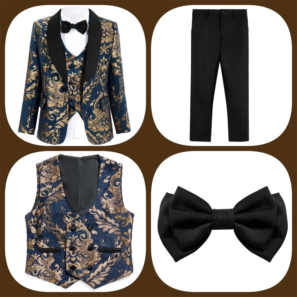 Hot Sale Stylish Suit For Boys Formal Banquet Graduation Coat Vest Pants Bow Tie Smart Quality School Performance Noble