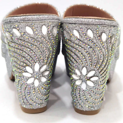 Women's Shoes High Heels Sexy Ladies Party Wedding Pattern Embroidery Mules Shoes and Bags Set for Italian