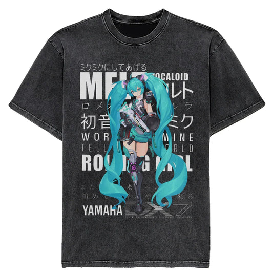 New 2025 Japanese Hatsune Miku Anime Printed Washed Cotton Retro Distressed Short-Sleeved Unisex T-Shirt Vintage Men Women
