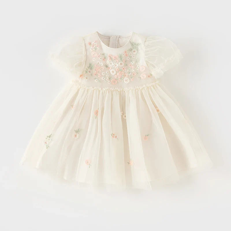 Children's Princess Dress for Girls 2025 New Summer Floral Puff Sleeves Mesh Charm Noble Cute Sweet Party DB2240549